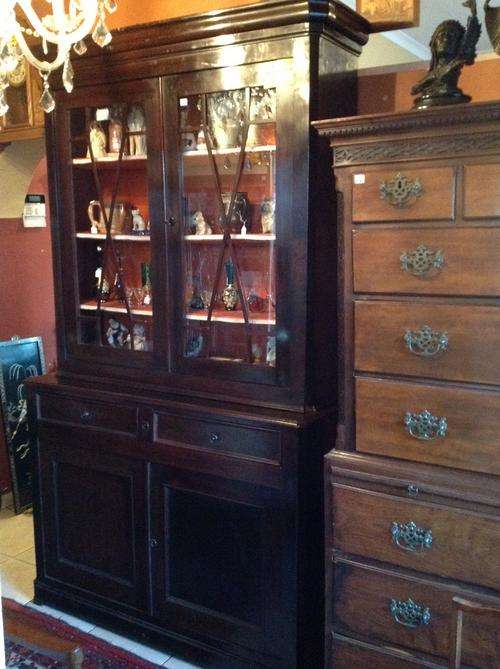 LOVELY DARK WOOD DRESSER/BOOK CASE WITH GLAZED DOORS