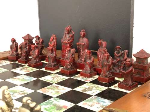 STUNNING CHINESE STONE CHESS SET WITH FOLDABLE BOARD WITH DRAWERS FOR PIECES