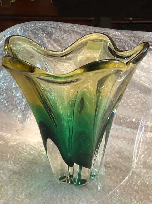 VINTAGE MURANO GREEN AND GLASS VASE