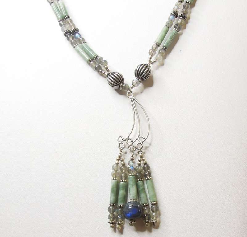 Labradorite/Rainbow Moonstone and Aventurine Necklace and Earrings (Heart and Throat Chakras)