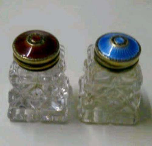 Vintage Guilloche Sterling Silver & Enamel Crystal Salt & Pepper Shakers Norway