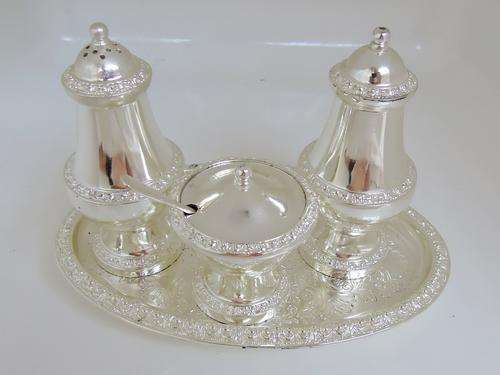 Elegant Silver Plated Condiment Set with Tray