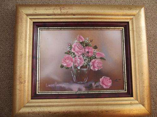 A Linda George Oil Painting - Pink Roses in Glass Vase