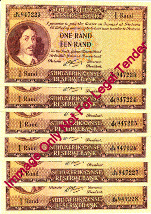 Six In Sequence 1St Issue One Rand Bank Notes 1962