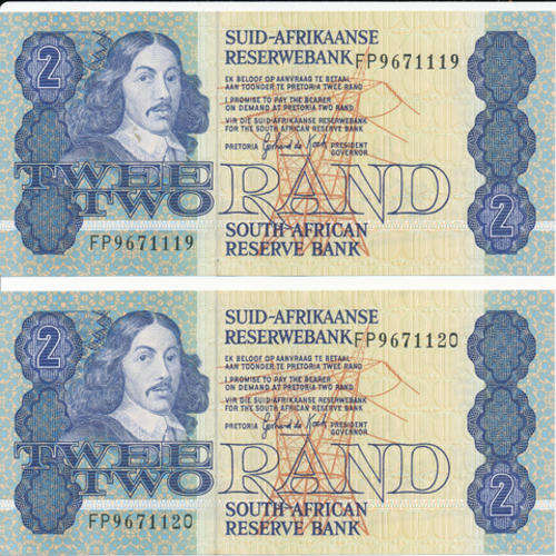UNC Two In Sequence 1983/89 Two Rand Banknotes - G.P.C De Kock