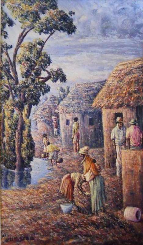 HELEN SEBIDI  "THE VILLAGE SCENE", OIL PAINTING / FRAMED