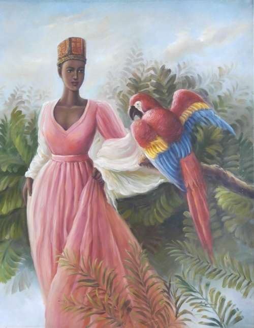 african princess with parrot oil painting