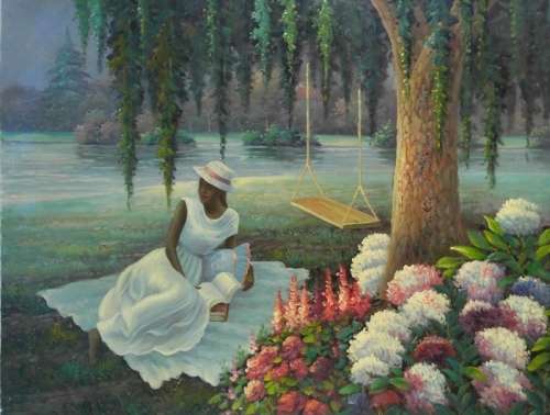 lady in garden oil painting