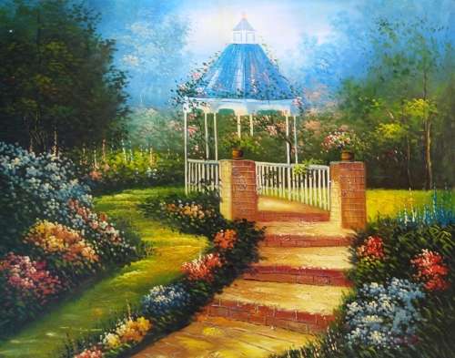 garden pavilion oil painting