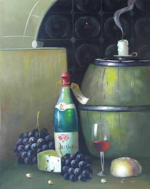 wine cellar oil painting still life