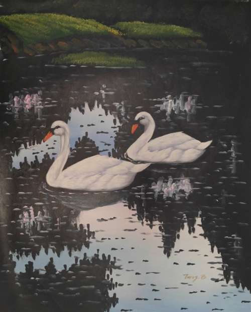 swans at the pond oil painting