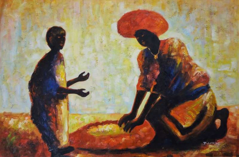 grinding maize oil painting