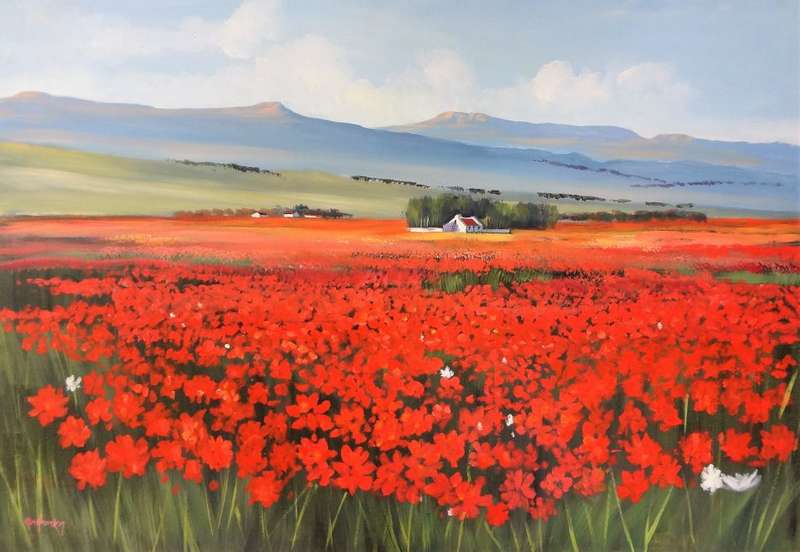 KEN HUNKIN LANDSCAPE WITH POPPY FIELD  - !!!! CRAZY ART SALE !!!!