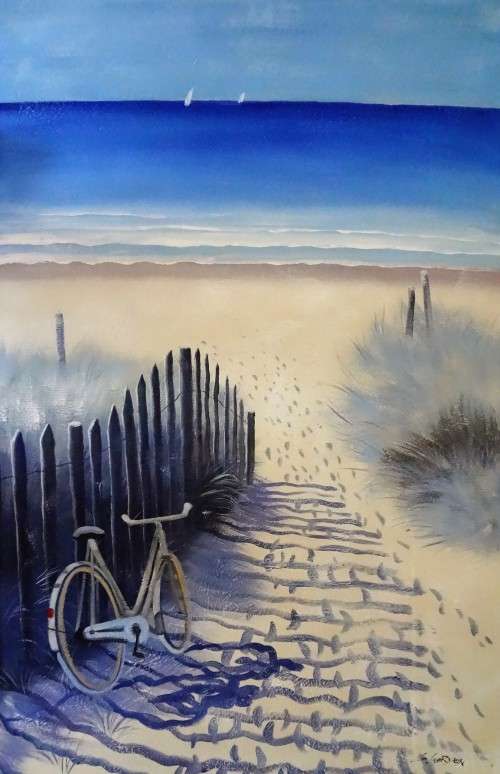 sea & beach view with bicycle oil painting