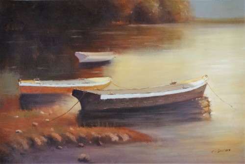 boats on river oil painting