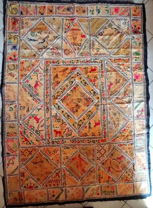 antique indian (jaipur) hand embroidered wall hanging / throw