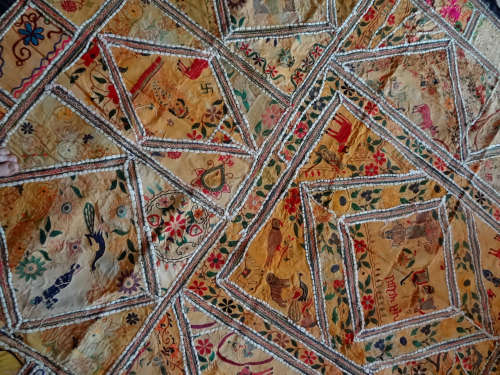 antique indian (jaipur) hand embroidered wall hanging / throw