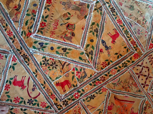 antique indian (jaipur) hand embroidered wall hanging / throw
