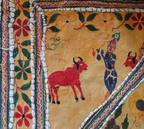 antique indian (jaipur) hand embroidered wall hanging / throw