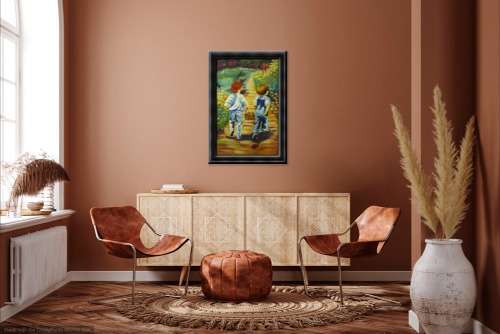 oil painting of boys in garden