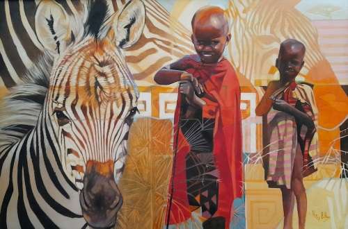 peter botha - zebra + maasai children oil painting