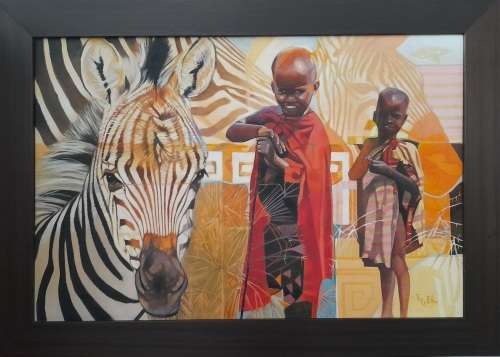 peter botha - zebra + maasai children oil painting