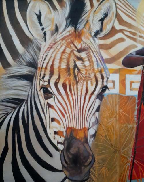 peter botha - zebra + maasai children oil painting