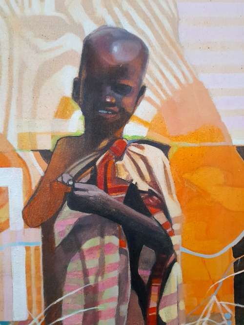 peter botha - zebra + maasai children oil painting