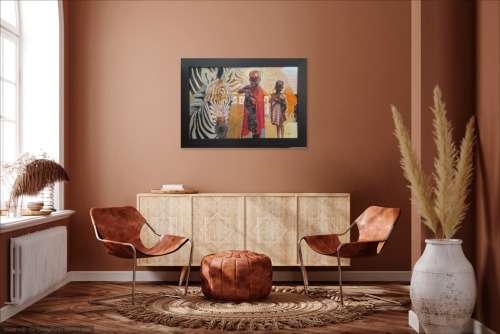 peter botha - zebra + maasai children oil painting