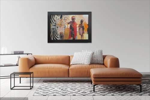 peter botha - zebra + maasai children oil painting