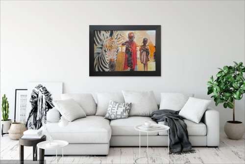 peter botha - zebra + maasai children oil painting