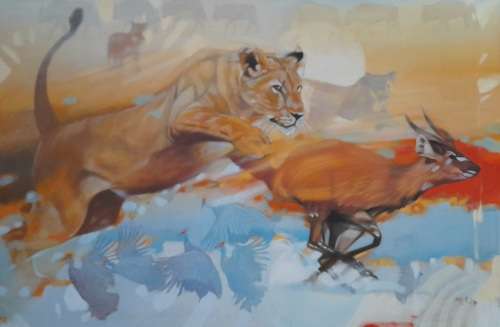 peter botha - lioness hunt oil painting