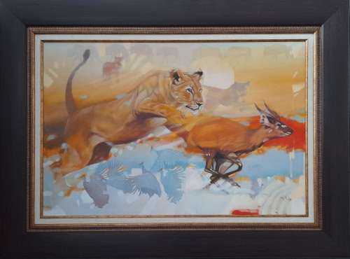 peter botha - lioness hunt oil painting
