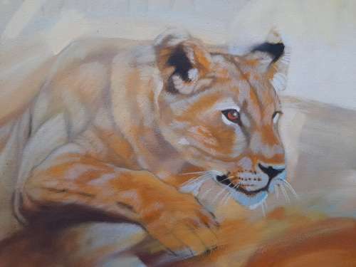 peter botha - lioness hunt oil painting