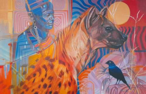 peter botha - hyena and maasai oil painting