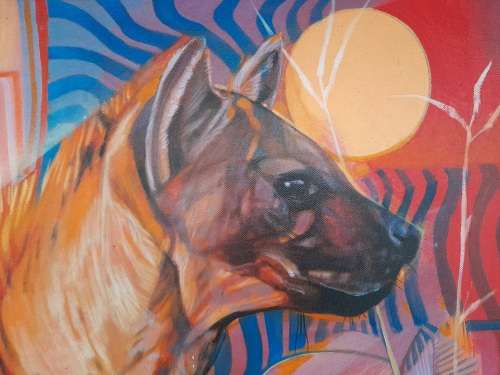 peter botha - hyena and maasai oil painting
