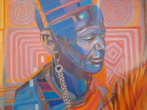peter botha - hyena and maasai oil painting