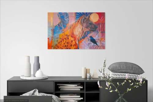 peter botha - hyena and maasai oil painting