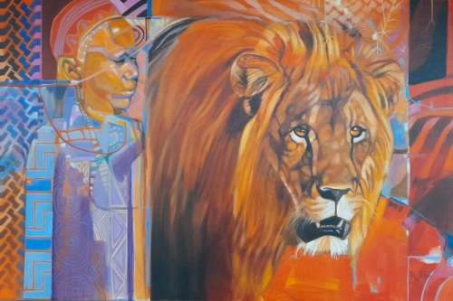 peter botha - lion and maasai oil painting