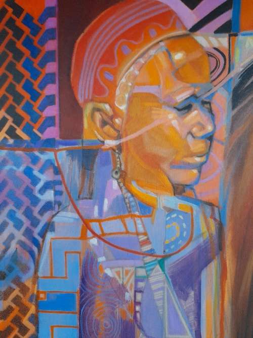 peter botha - lion and maasai oil painting