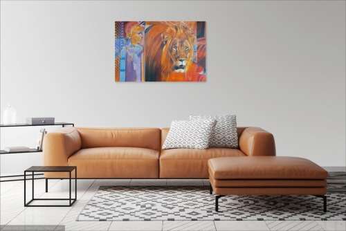 peter botha - lion and maasai oil painting