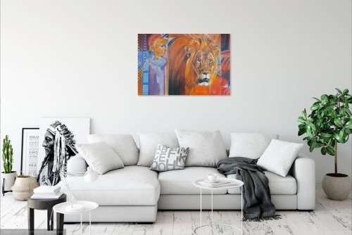 peter botha - lion and maasai oil painting