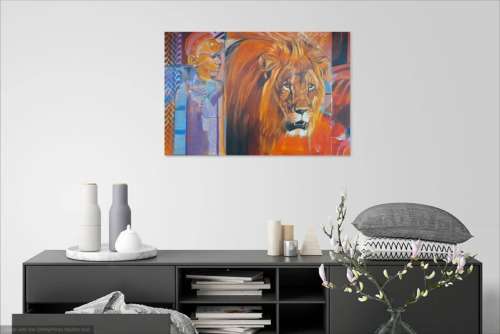peter botha - lion and maasai oil painting