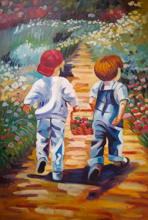 oil painting of boys in garden