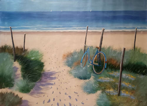 Coastal Beach with bicycle oil painting