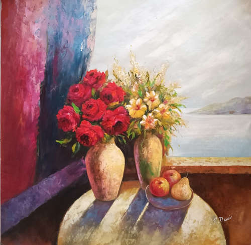 floral study with a view oil painting