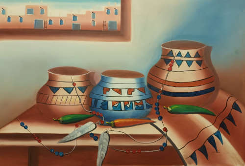 still life native american artefact study oil painting