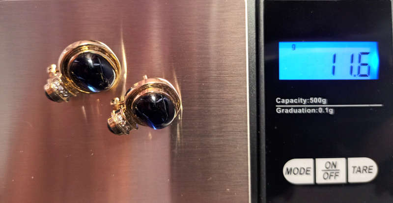 9ct gold earrings with lab sapphire, diamonds & garnet