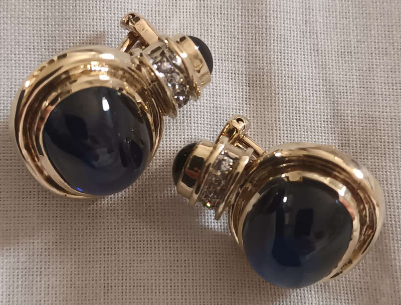 9ct gold earrings with lab sapphire, diamonds & garnet