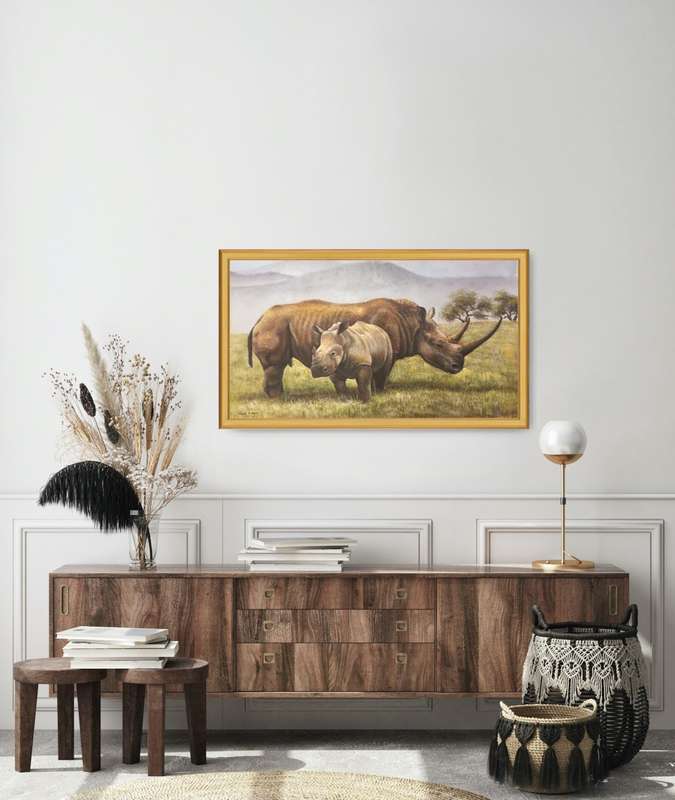 rhino wildlife oil painting